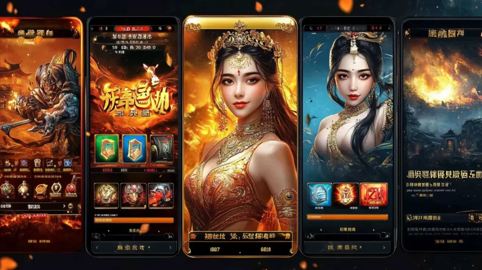 A showcase of an Asian fantasy mobile game, displaying multiple phone screens with epic warriors and a beautiful goddess-like character in ornate golden clothing.