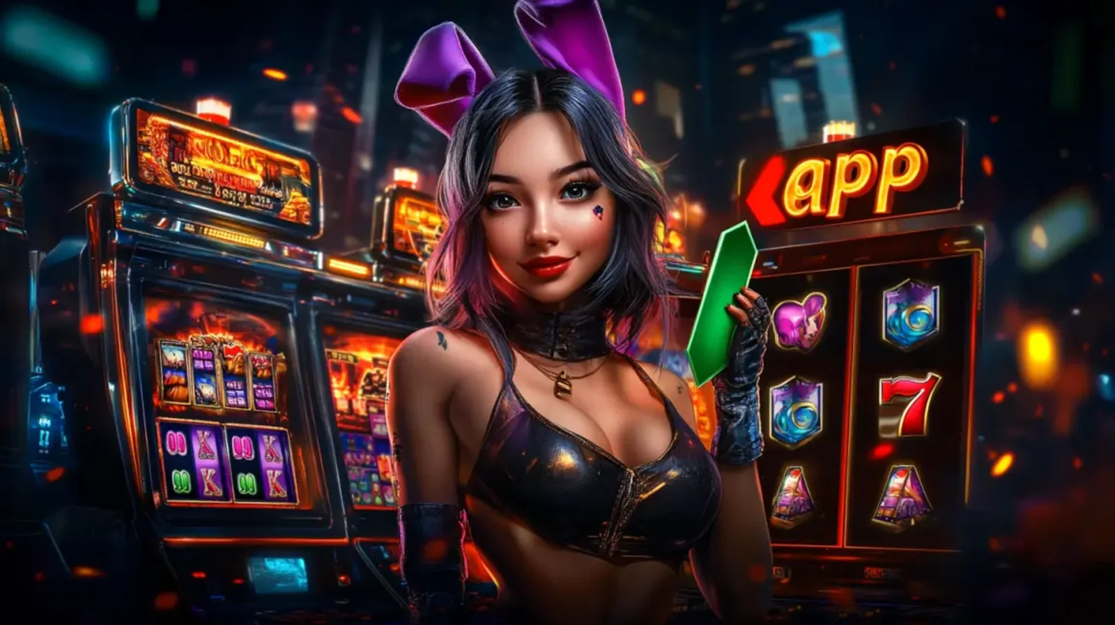 A vibrant image promoting a casino app. A woman with purple bunny ears stands among glowing slot machines in a futuristic, neon-lit casino environment, ready to play.