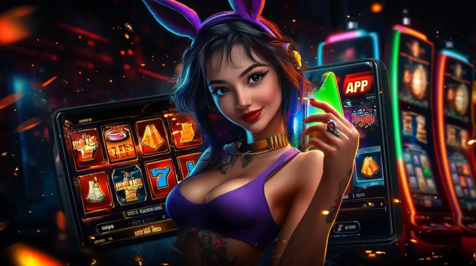 A woman with purple bunny ears showcases a mobile device displaying a slot game. The background is filled with the bright, colorful lights of a modern casino floor.