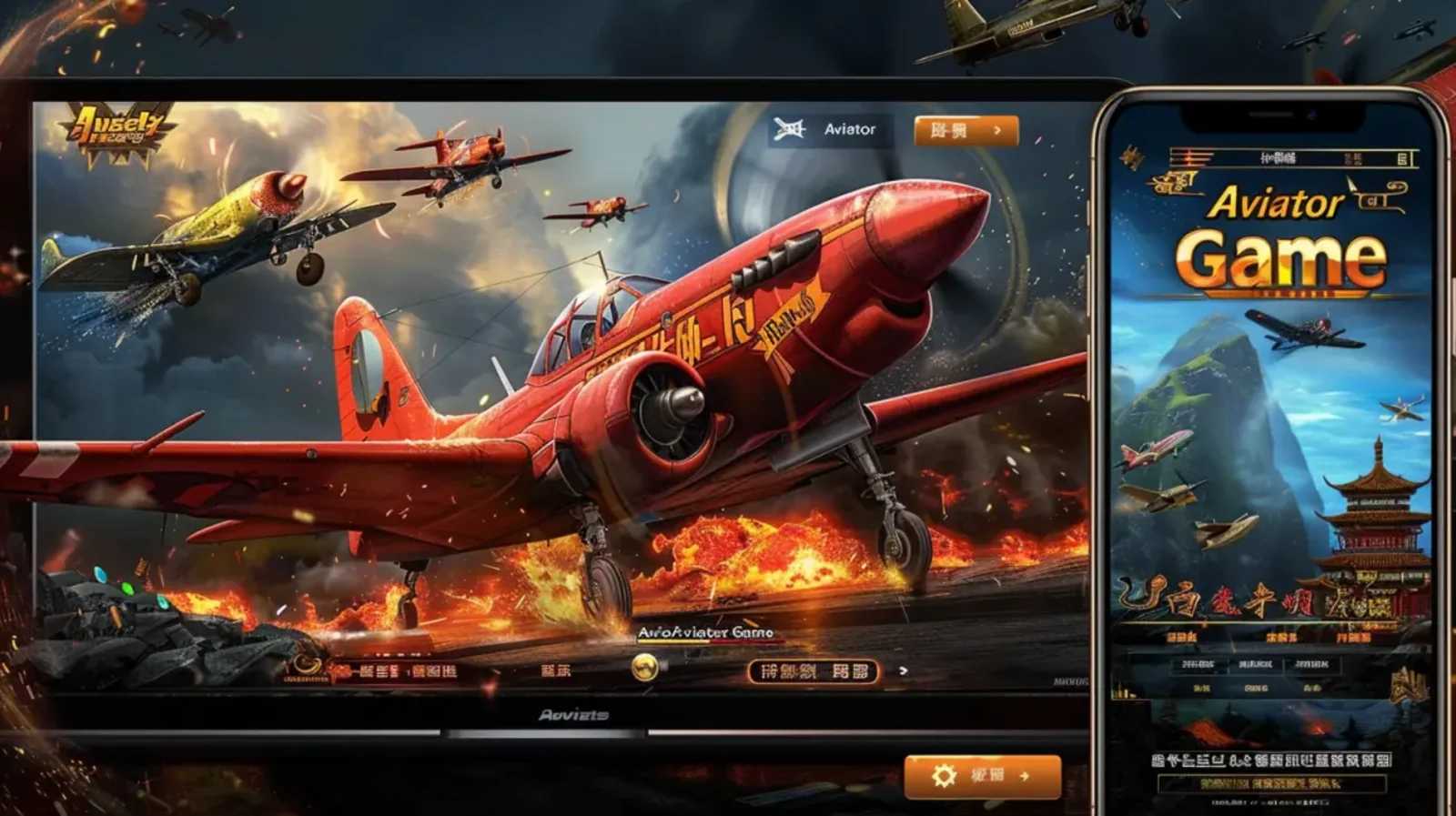 A promotional image for an Asian-themed Aviator game, showcased on a monitor and a smartphone, featuring vintage airplanes over a fiery landscape with traditional Asian architecture.