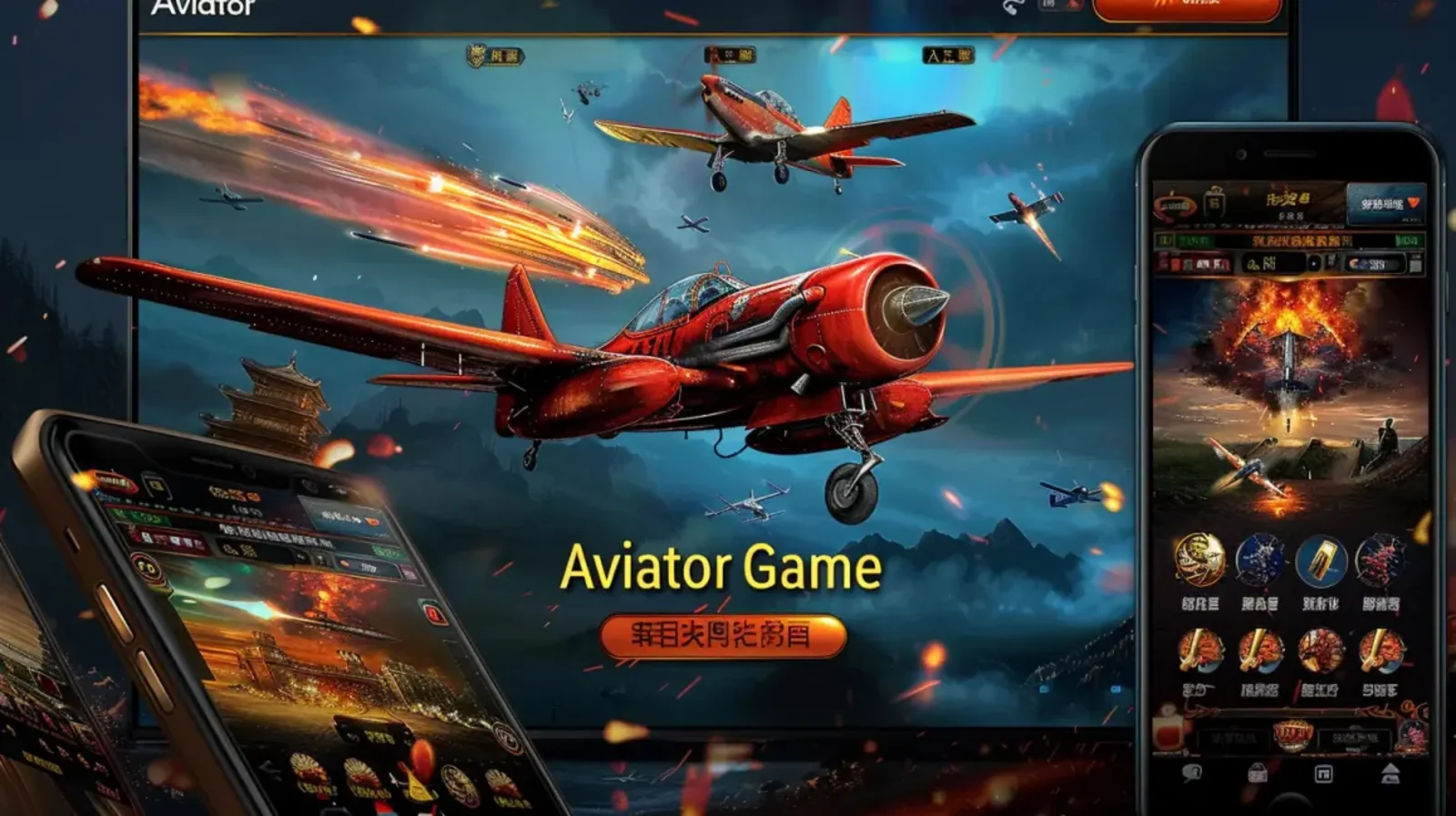 A multi-device display of the Aviator game, featuring a central monitor with a dynamic airplane scene and two smartphones showing different game interfaces.