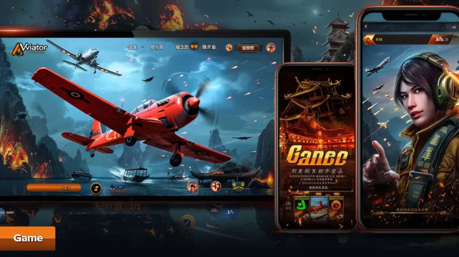 An ad showcasing the Aviator game on a tablet and a mobile phone. The screens feature a red airplane, while the phone also highlights a female pilot character.