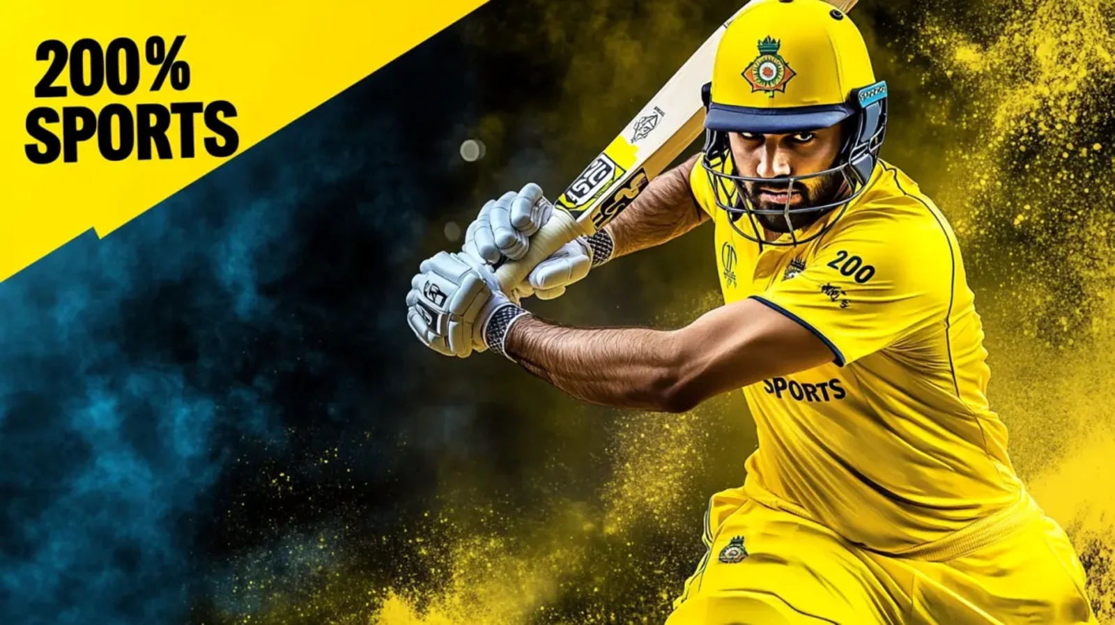 A promotional banner for a 200% SPORTS bonus. It features a powerful cricket batsman in a full yellow uniform, ready to hit the ball against an explosive background of powder clouds.