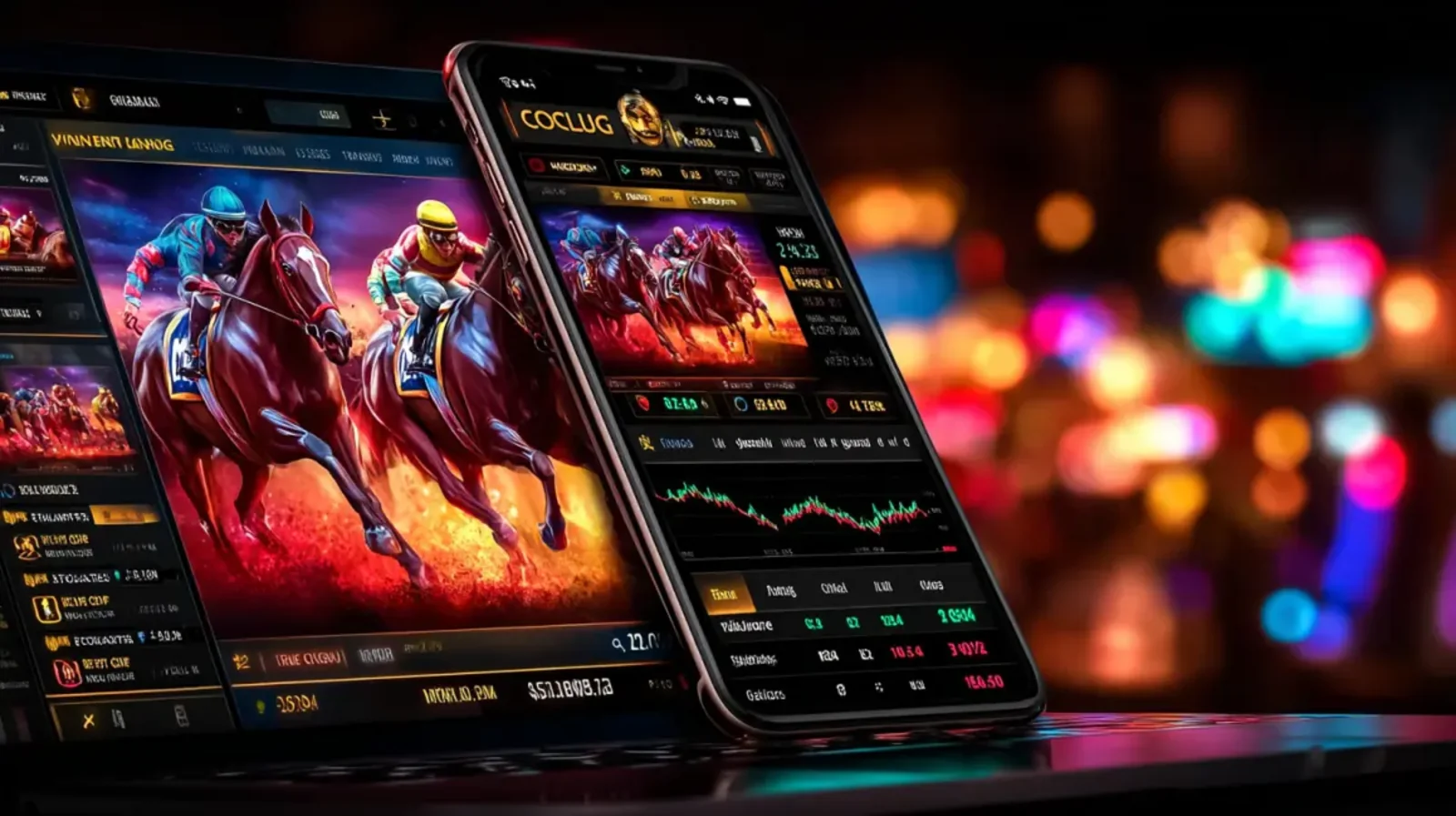 A sophisticated horse racing betting platform is shown on a laptop and a smartphone. Both screens display live race action and detailed betting stats against a blurred city lights background.