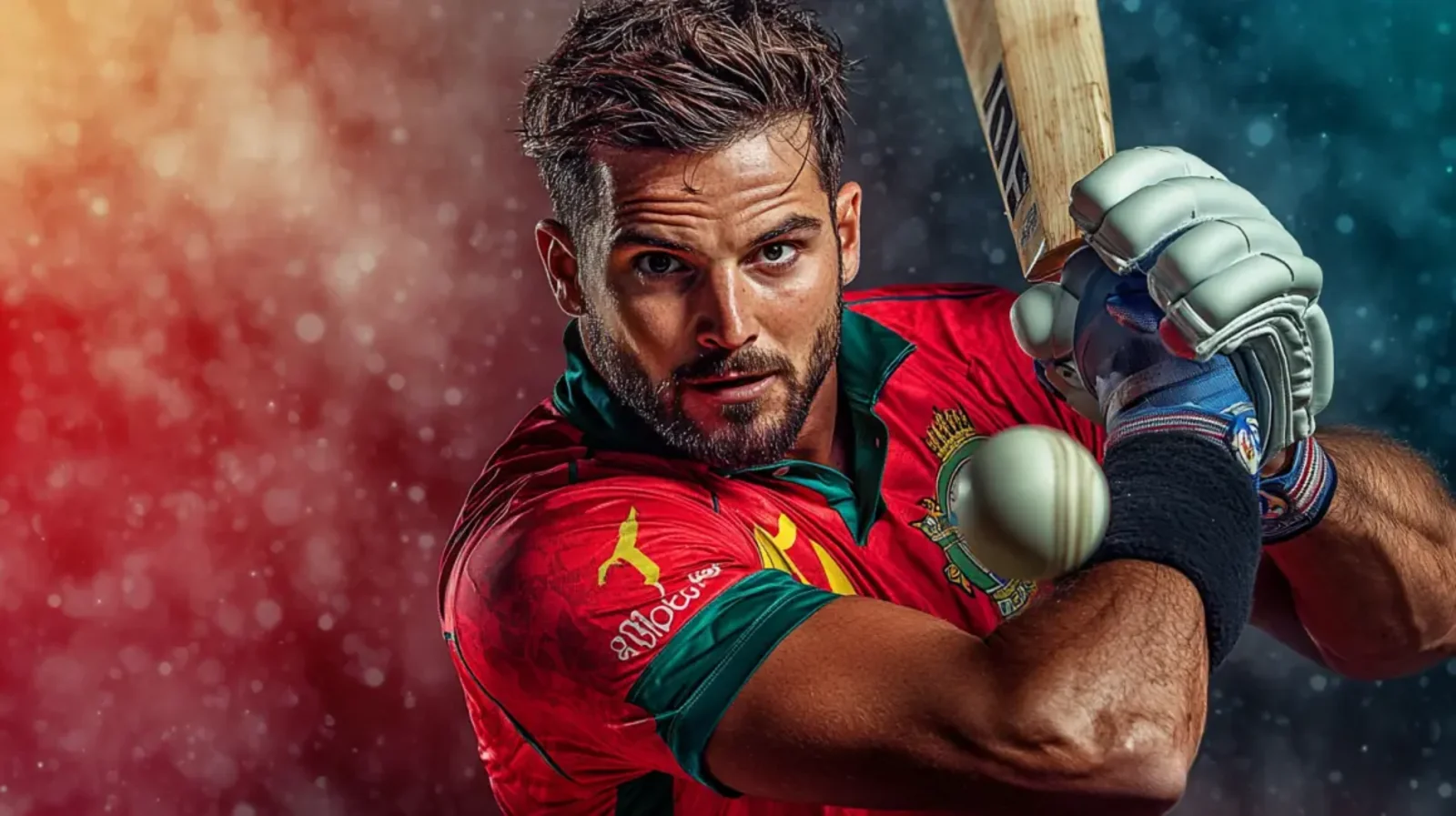 An intense male cricket player in a red and green jersey is captured in a dynamic batting pose, looking directly at the camera with a colorful, particle-filled background.