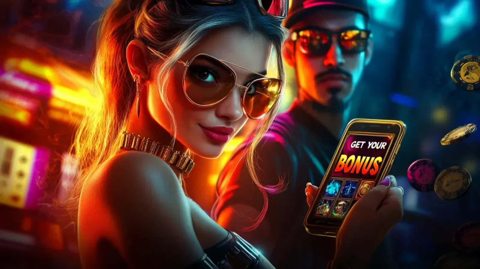 A stylish woman in sunglasses in a neon-lit casino holds a smartphone displaying the message GET YOUR BONUS on a slot game screen, inviting players to claim rewards.