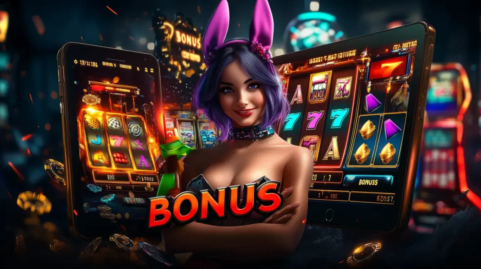 A vibrant promotional banner for an online casino bonus. A woman with purple bunny ears stands between two devices showing slot games, with the word BONUS glowing in front of her.
