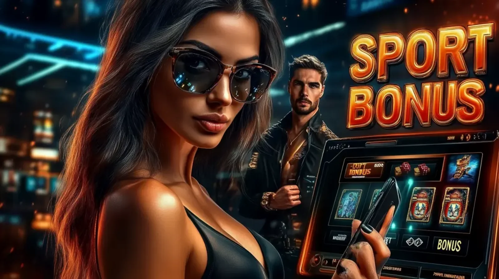 A promotional image for a SPORT BONUS featuring a chic woman in sunglasses holding a tablet with a sports betting interface.