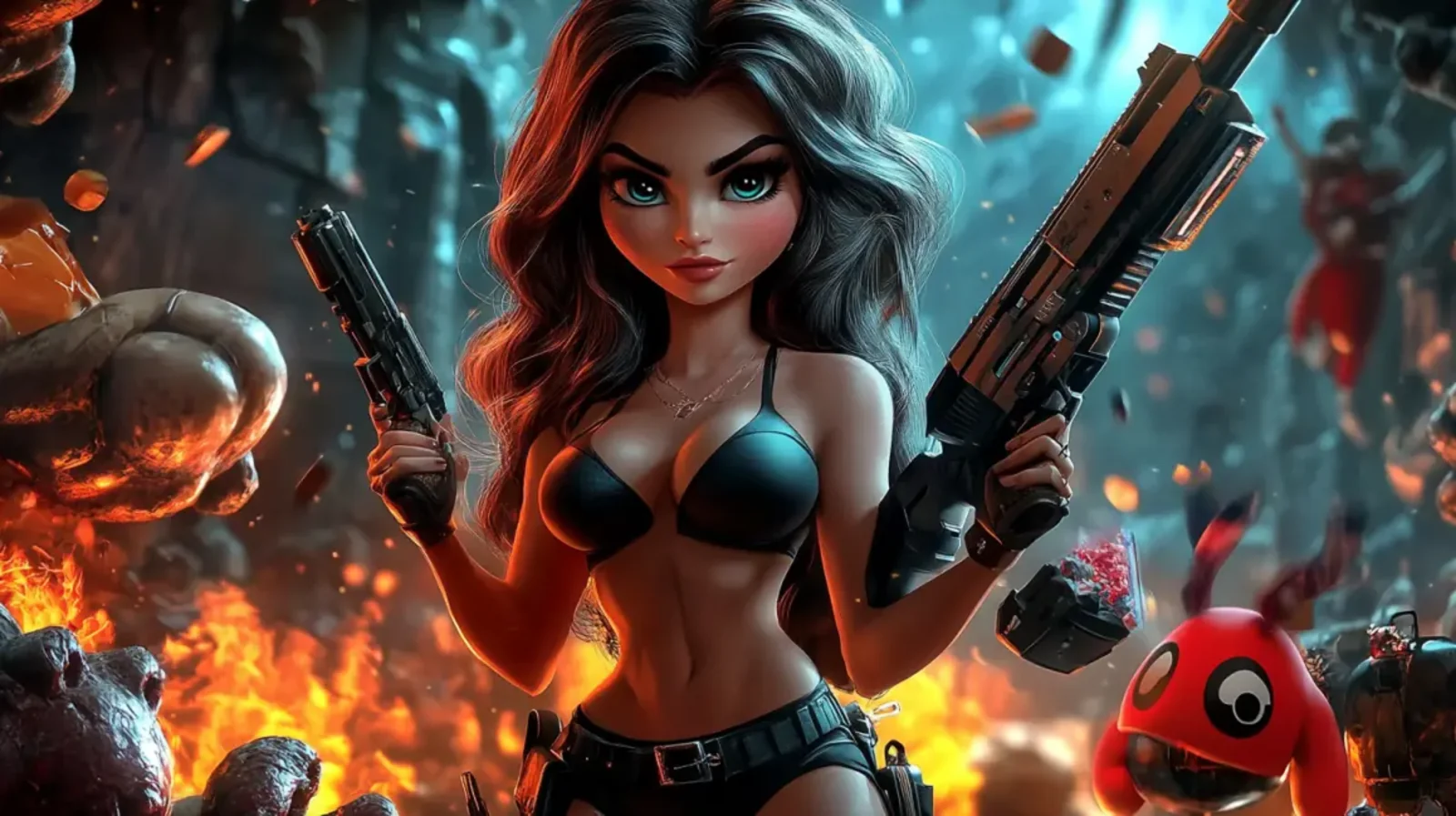 A stylized female video game character with long dark hair and large eyes holds two powerful guns. She stands in a fiery, action-packed scene, ready for battle.