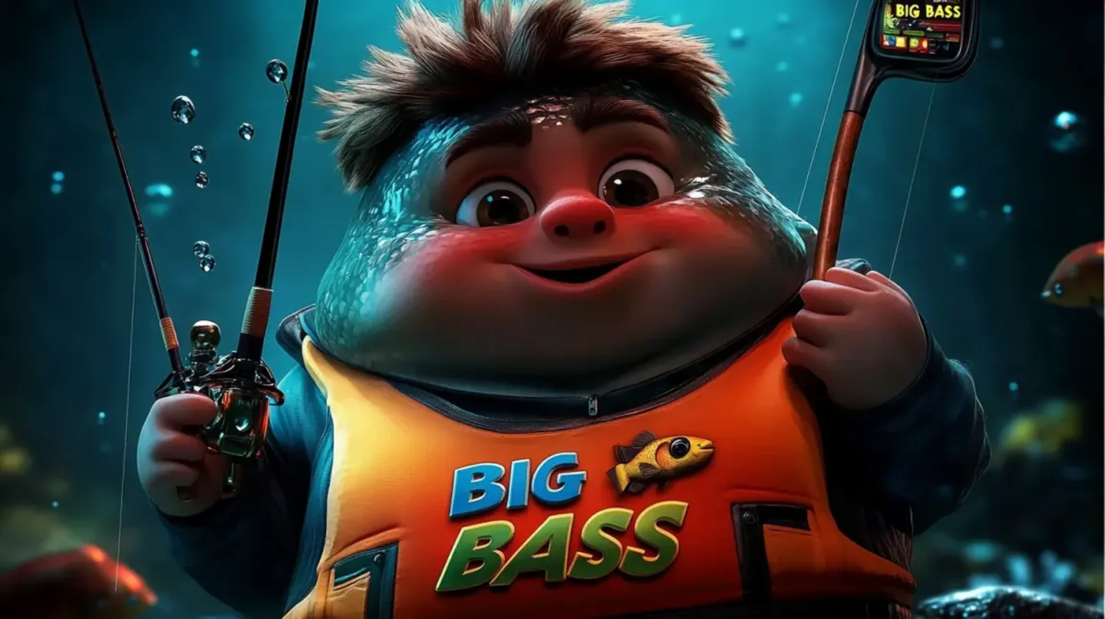 A charming 3D cartoon character from the Big Bass slot game, happily fishing underwater. He wears a vest with BIG BASS on it and holds fishing rods.