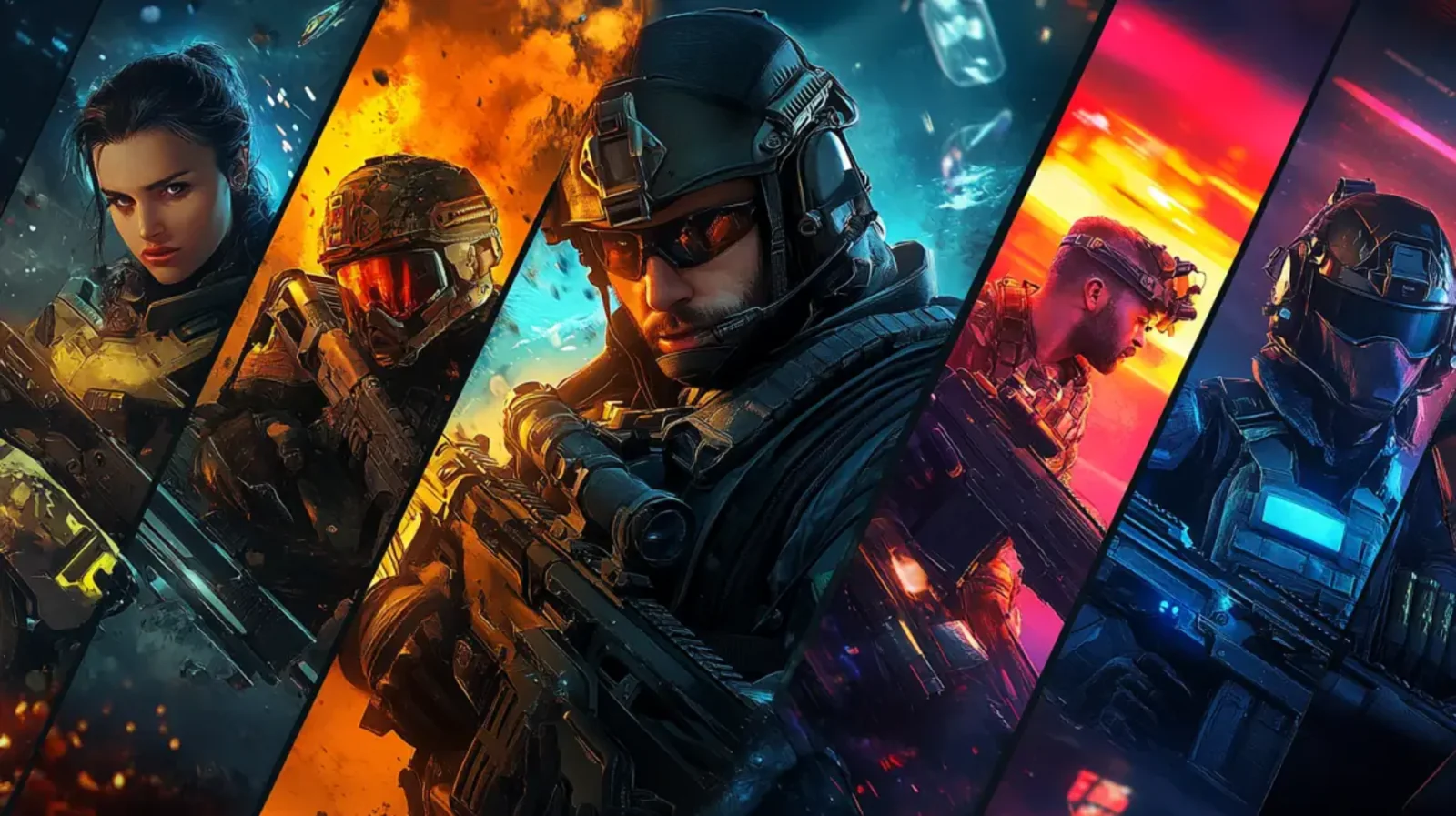 A dynamic collage showcasing various characters from a tactical shooter game. Each panel features a different soldier in advanced combat gear, highlighting the diverse roster of playable heroes.