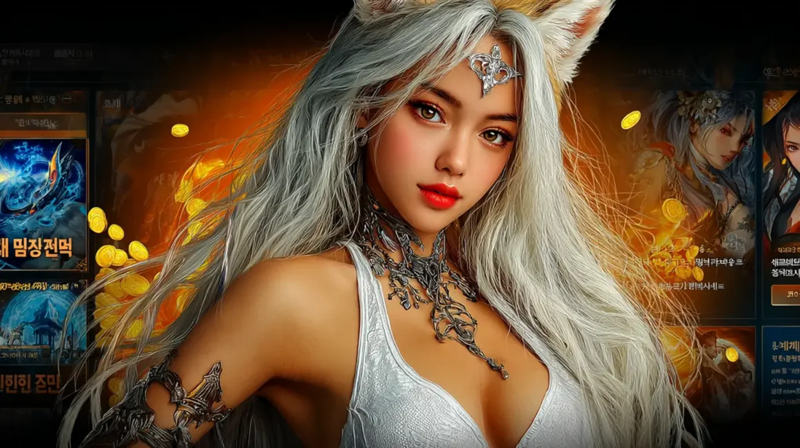 Promotional art for a fantasy game featuring a stunning character, a fox like woman with long white hair and a tiara, against a game interface background with gold coins.