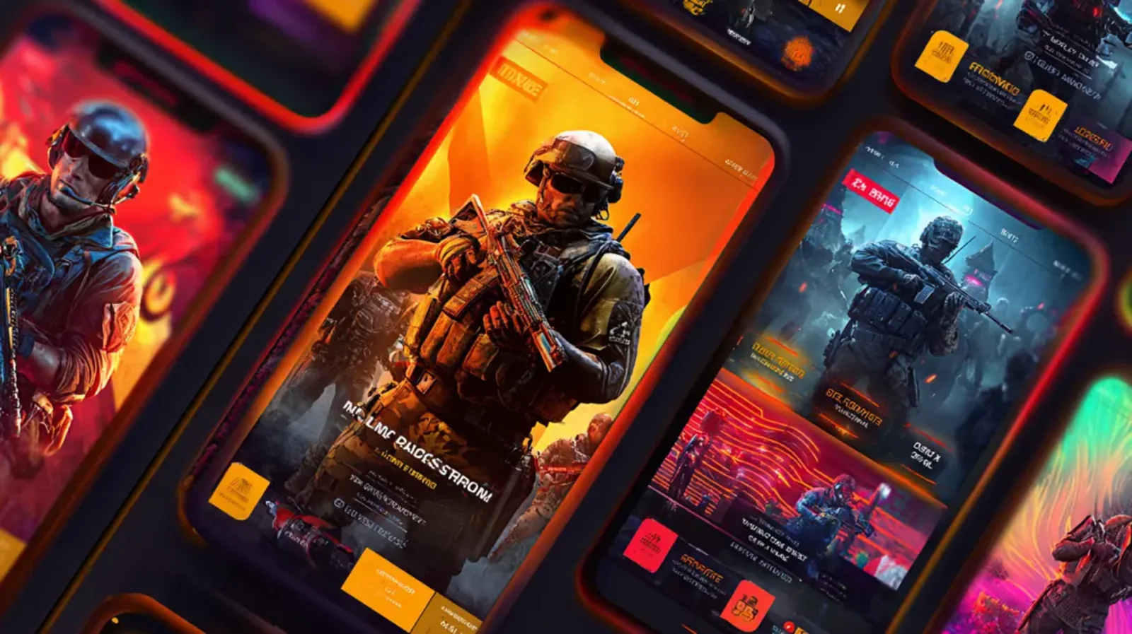 A showcase of a mobile gaming app, with multiple smartphones displaying the intense interface of a futuristic military shooter game featuring soldiers in tactical gear.