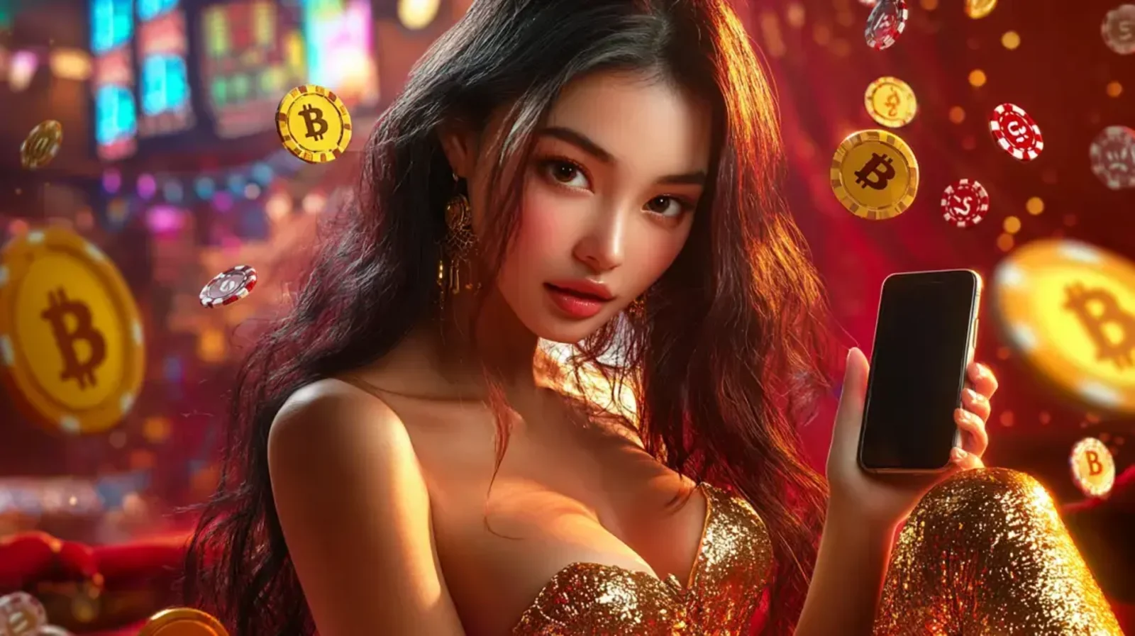 A beautiful Asian woman in a glamorous gold dress holds a smartphone in a vibrant casino, surrounded by floating Bitcoin symbols and poker chips.