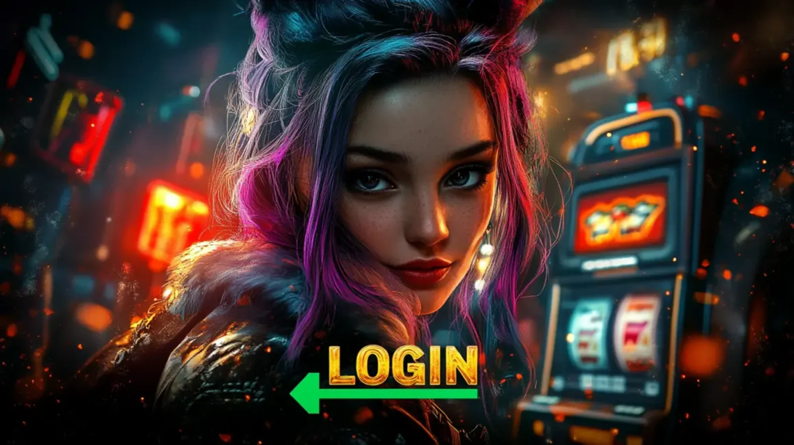 A promotional image featuring a stylish woman with purple hair in a neon-lit casino setting. A large green arrow points to a glowing LOGIN button, inviting users to enter the action.