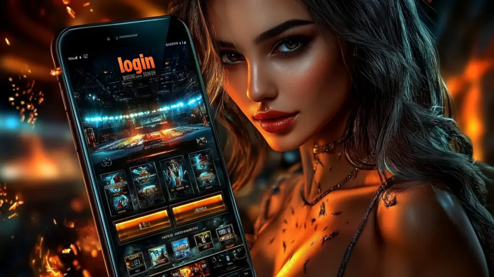 A woman showcasing a mobile app on a smartphone. The screen displays the game lobby and a clear Login button, providing easy access to a diverse gaming world.