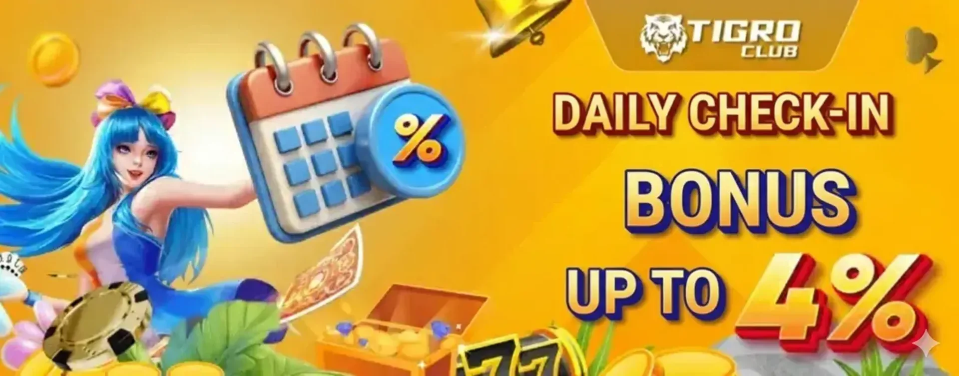 A promotion from tigroclub offering a daily check-in reward of up to 4%. The banner features a female game character holding a calendar with a percentage icon. The text is in Bengali.