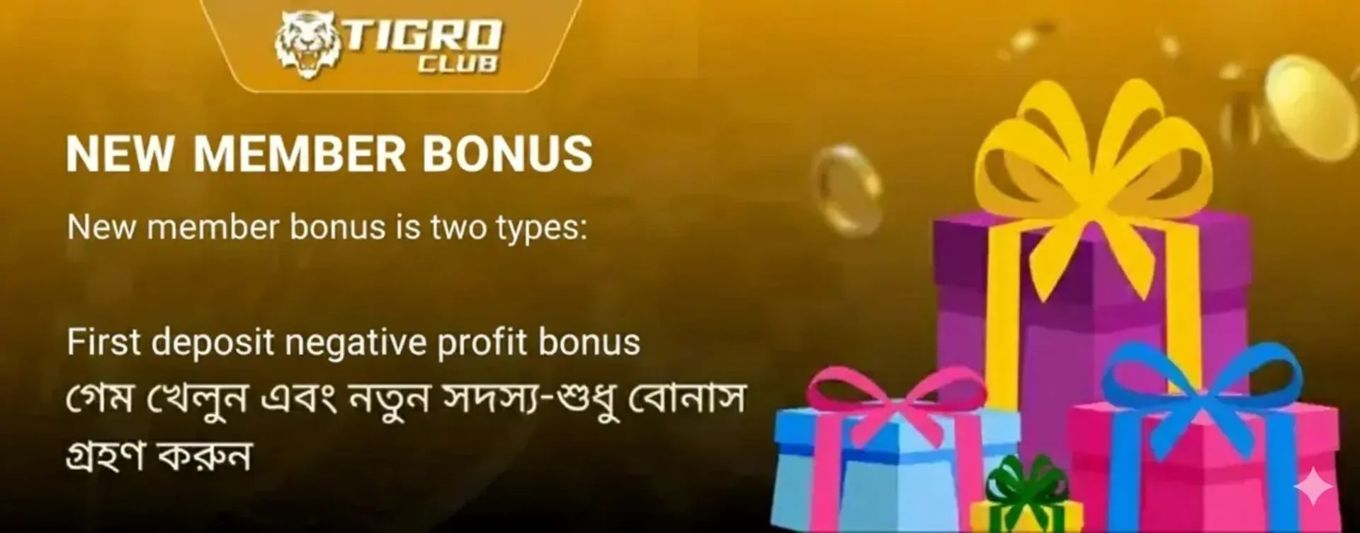 A welcome bonus promotion for new members at tigroclub. The banner shows several colorful gift boxes and lists two types of new member bonuses in Bengali.
