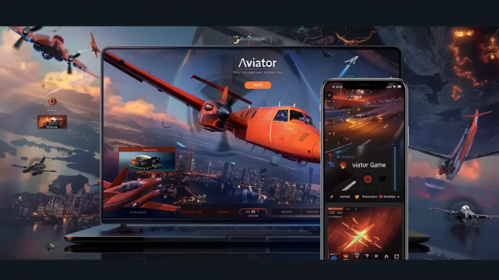 The Aviator game is showcased on a laptop and a smartphone. Both devices display the game's high-tech interface, featuring a red airplane flying over a city at night.