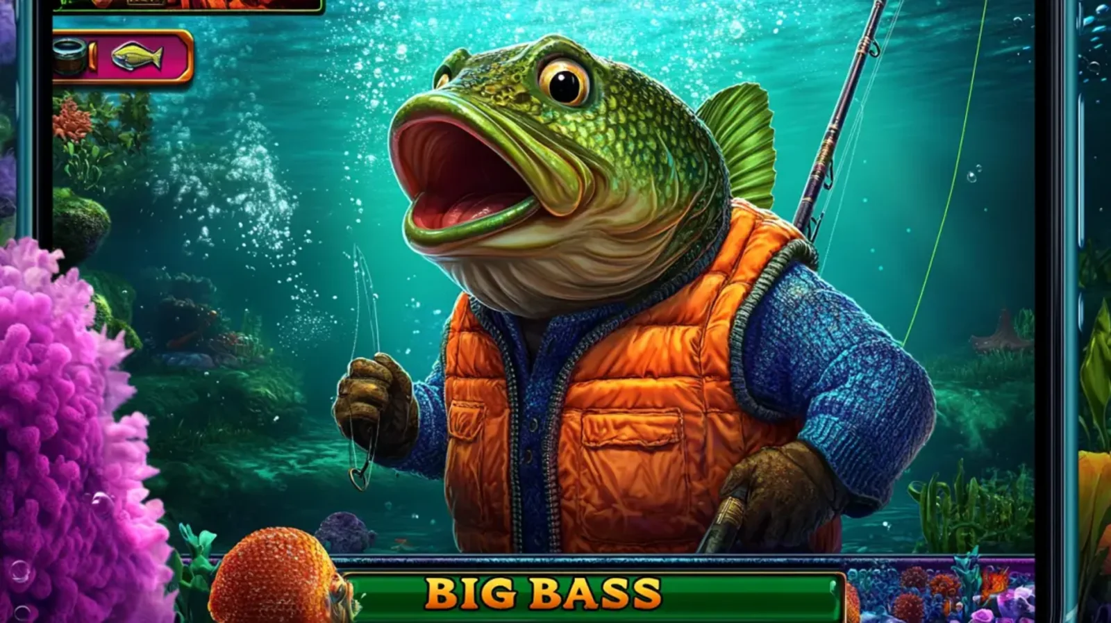 The main character from the BIG BASS slot game, an anthropomorphic bass fish wearing a puffer vest and sweater, is shown fishing in a vibrant underwater scene.