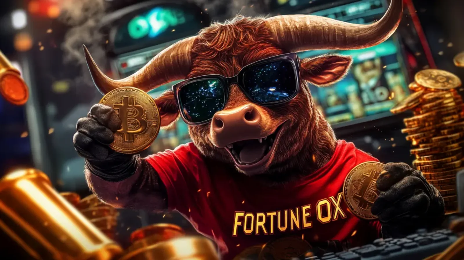 The cool mascot from the Fortune Ox slot game, a muscular bull in sunglasses, proudly holds up two Bitcoin coins. He is surrounded by stacks of gold.