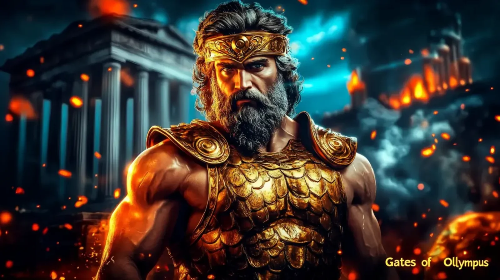 A powerful depiction of Zeus from the Gates of Olympus slot game. He stands heroically in golden armor before ancient burning temples, embodying the immense power and epic wins in the game.