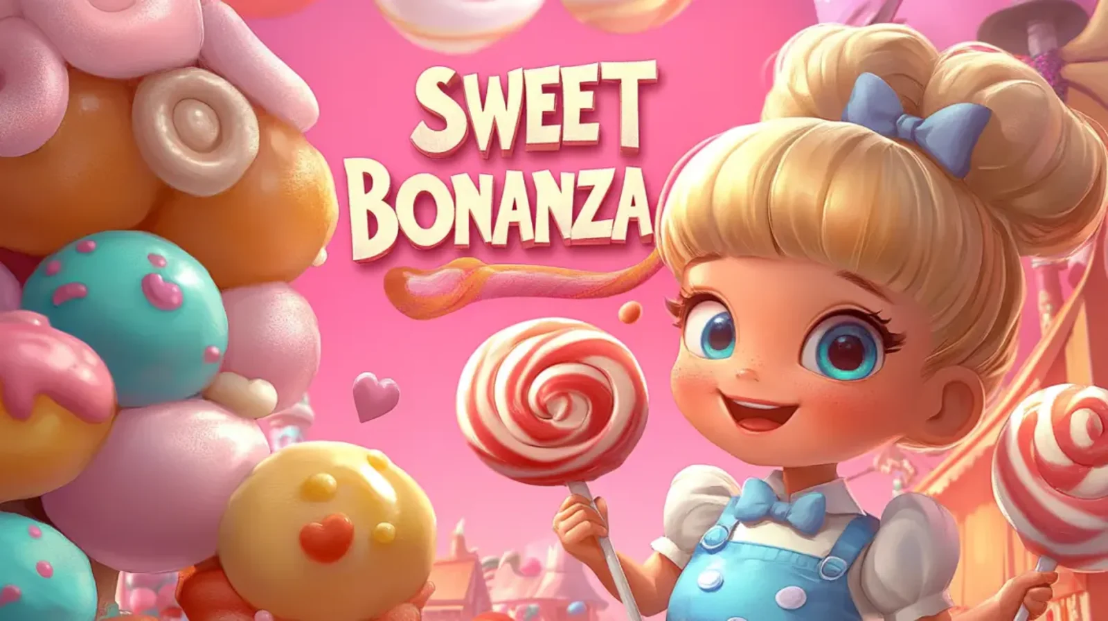 A promotional image for the Sweet Bonanza slot game. A cute, big-eyed cartoon girl with blonde hair and a blue bow holds a large lollipop in a colorful world made entirely of candy and sweets.