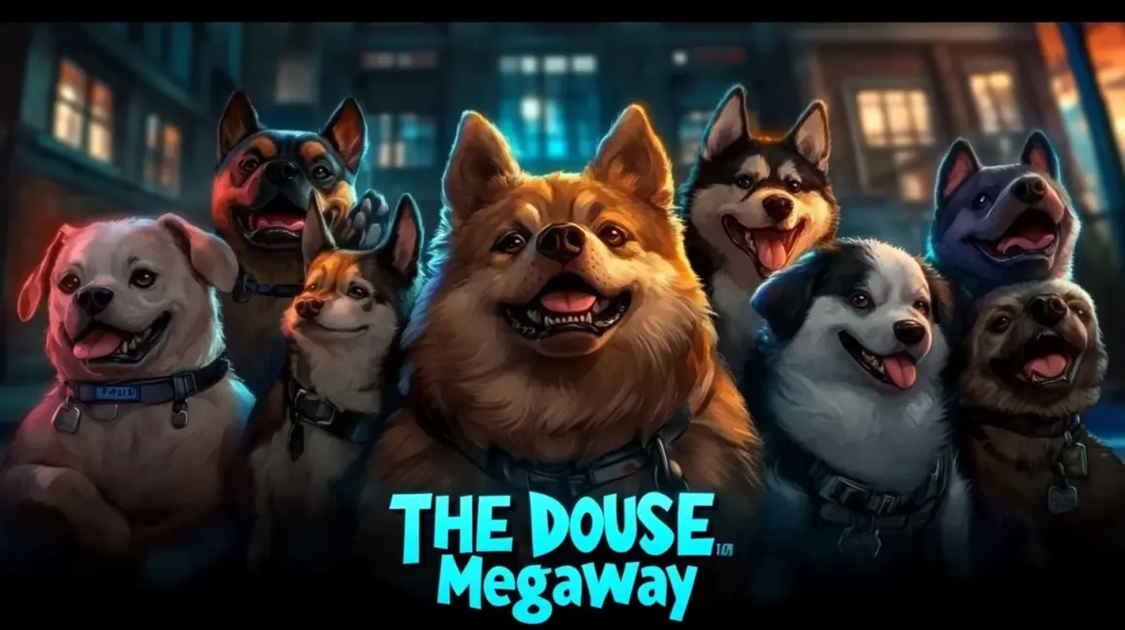 A promotional image for The Douse Megaway slot game, featuring a friendly pack of various dog breeds, all looking happily at the player in a neighborhood setting.